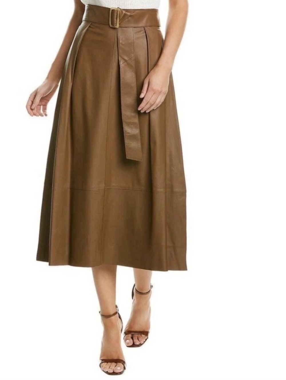 Vince Lambs Leather Brown Belted Midi Skirt Size 4